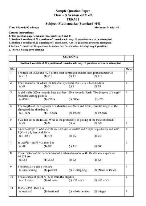 Cbse maths 2022 qp - nnlknlknlk - Sample Question Paper Class – X ...