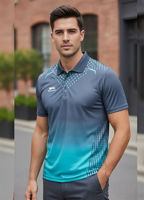 Shiv Naresh Men’s Performance Polo – Teal & Grey Geometric Print – TRENDZMY