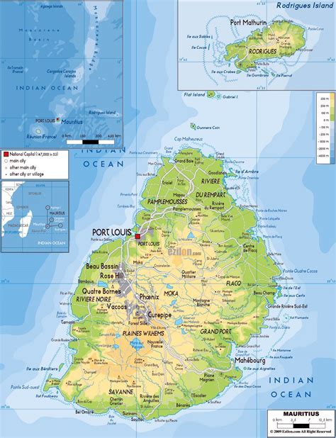 Large physical map of Mauritius with roads, cities and airports ...
