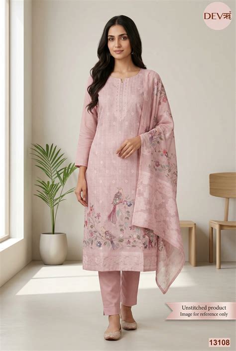 Pink Linen Cotton Printed Unstitched 3-Piece Suit (Devri – D.No 13108)