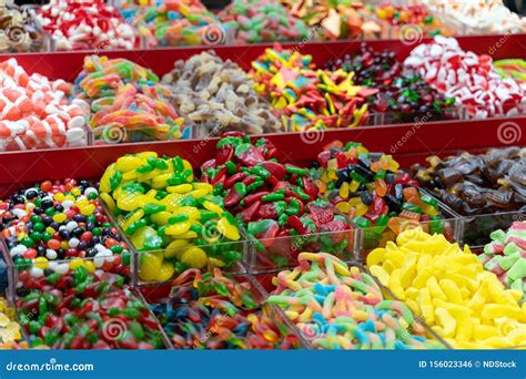 Closeup of a Table of Different Types of Candy for Sale Stock Photo ...