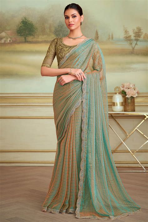 Charming Turquoise Striped Georgette Saree Featuring Floral Sequins Em