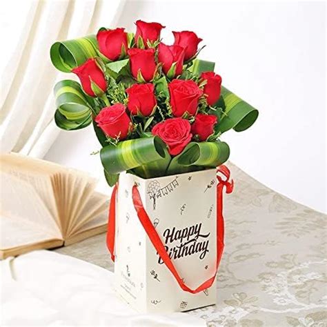 FloraZone 12 Red Roses Fresh Bouquet in Red Paper Wrapping, Flowers ...