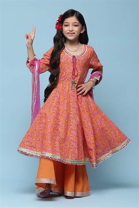 Orange Cotton Gathered Printed Suit Set at Biba India