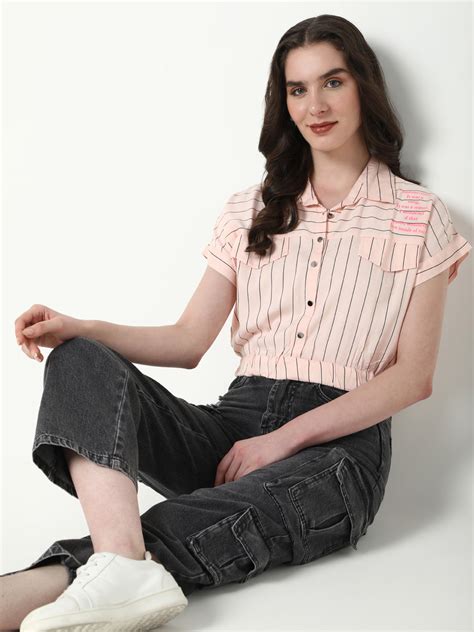 SHOWOFF Women's Peach Striped Shirt Style Crop Top