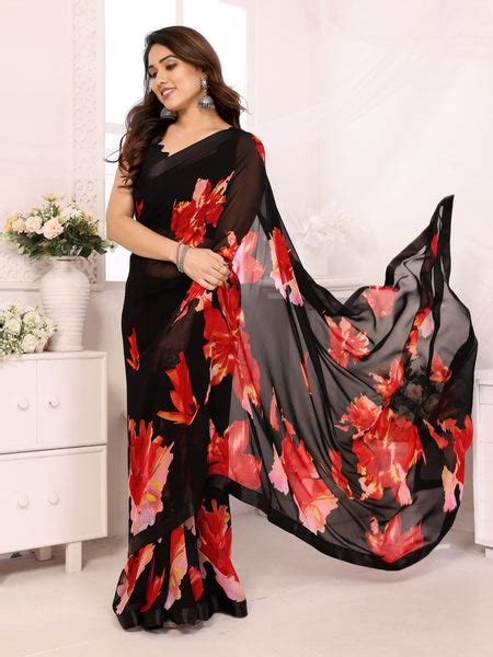 Buy Online Ready To Wear Black Floral Printed Georgette Saree – Sadika ...