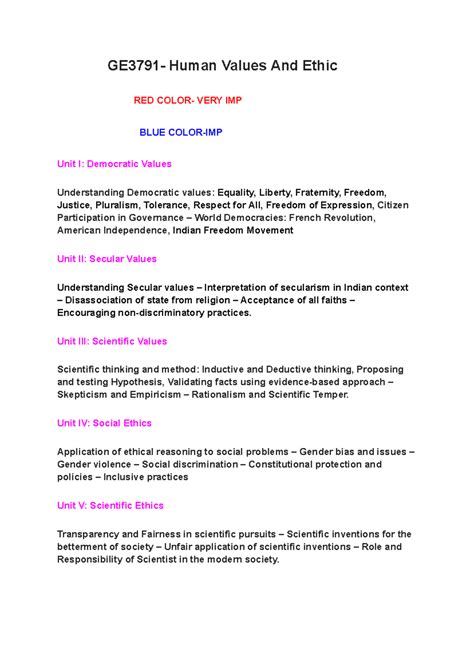HVE UNIT1,2 - study notes of hve unit1,2 - GE3791- Human Values And ...