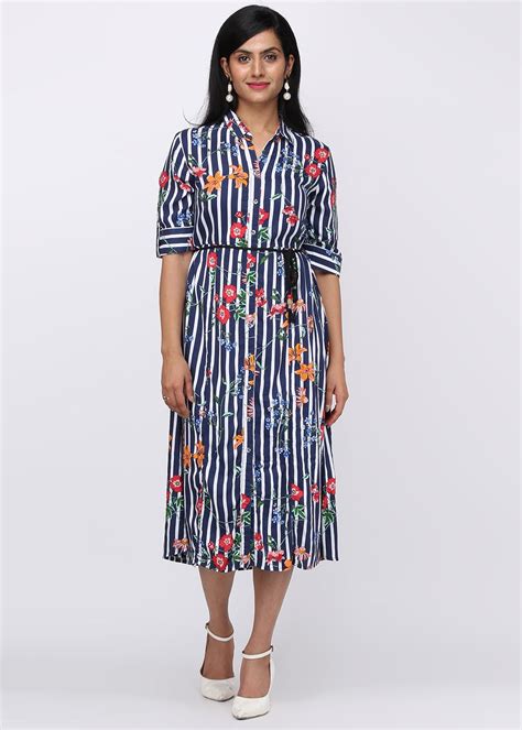 Get Multicoloured Floral Printed Blue Striped Shirt Dress at ₹ 1499 ...