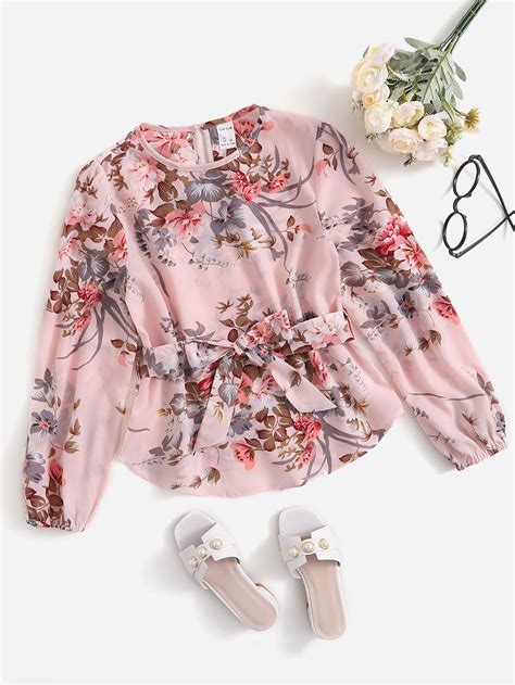 SHEIN Girls Floral Print Belted Lantern Sleeve Blouse | SHEIN USA