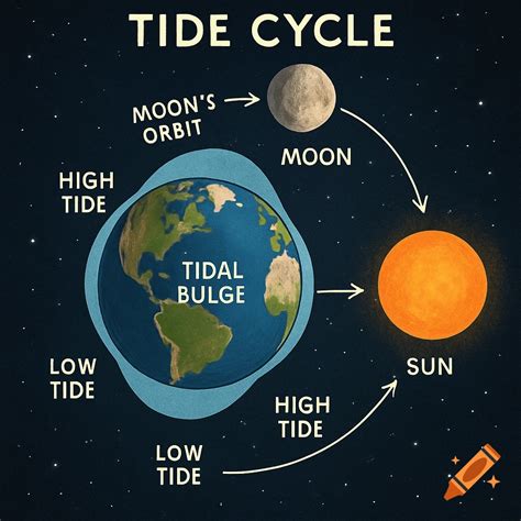 Diagram illustrating the tide cycle with Earth, Moon, and Sun, showing ...