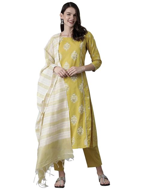 Buy INDO ERA Women's Printed Pure Cotton Straight Kurta Trouser With ...
