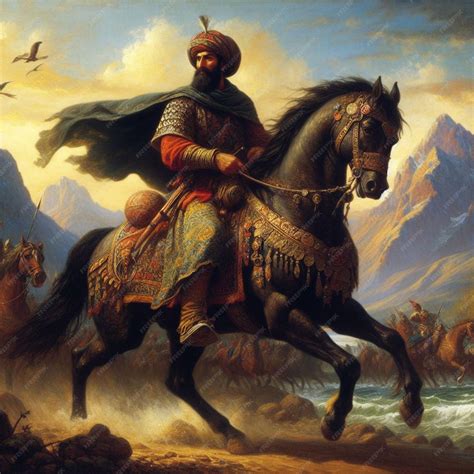 Premium Photo | A painting of a man on a horse with mountains in the ...