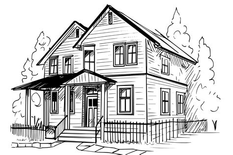 Vector black and white ink sketch of vintage wooden house. Engraving style illustration ...
