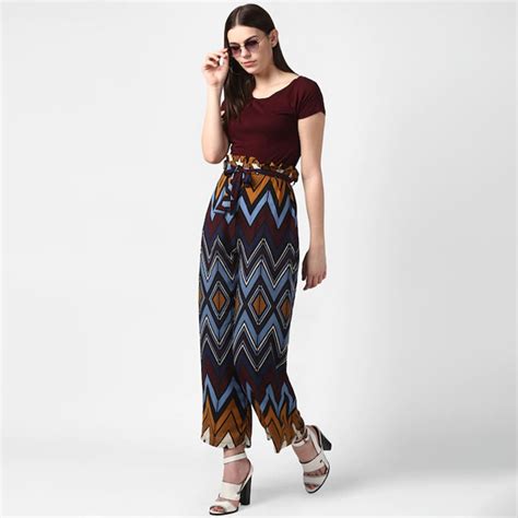 Women Navy Blue & Mustard Yellow Printed Flared Palazzos