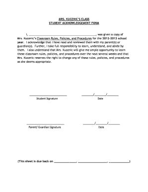 Fillable Online MRS. KUCENIC'S CLASS STUDENT ACKNOWLEDGEMENT FORM I Fax ...