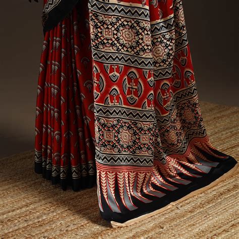 Red Modal Silk Hand Block Print Bagru Saree
