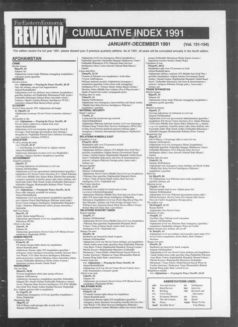 Far Eastern Economic Review January - December 1991: Vol 151-154 Index ...