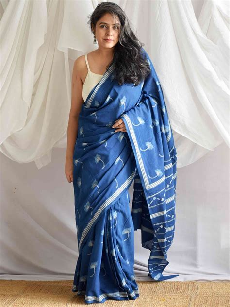 Poppy Indigo mul cotton saree