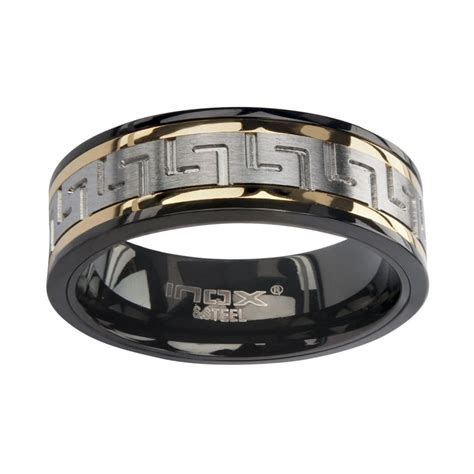 Buy Gold, Black & Silver Stainless Steel Banded Greek Key Ring Online ...