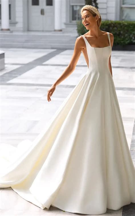 Elegant A Line Square Neck Satin Court Train Wedding Dress-716389 – DorrisDress