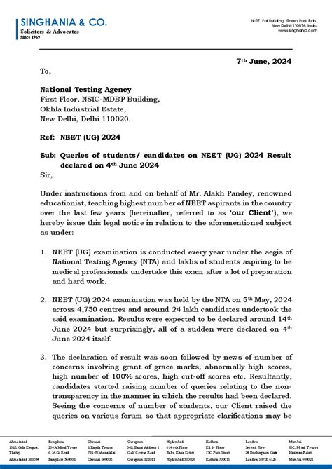 Legal Notice: NEET (UG) 2024 Result Queries - Ref: 240607 AP NTA SCO ...