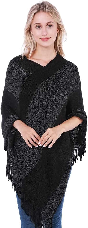 Buy MANRA Women Girls Kashmiri Elegant V-Neck Solid Poncho with Fringed ...