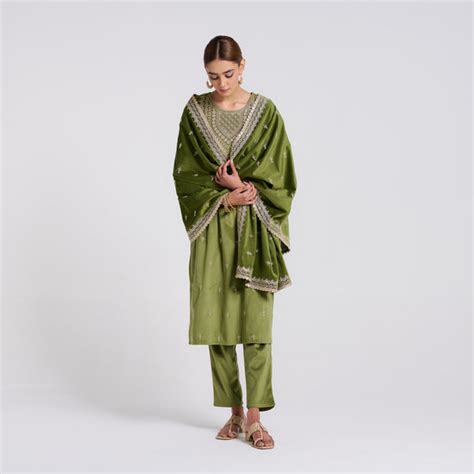 Buy Olive Embroidered Gulzaar Velvet Set with Dupatta | Rustorange