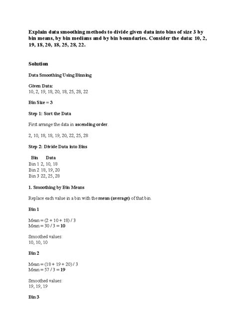 Data Smoothing Methods: Binning, Means, Medians & Boundaries - Studocu