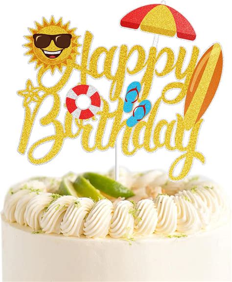 Buy Summer Beach Happy Birthday Cake Topper Gold Glitter Summer Pool ...