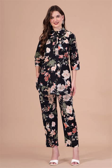 Zoya black flower printed cotton co-ord set with collar neck and belt ...