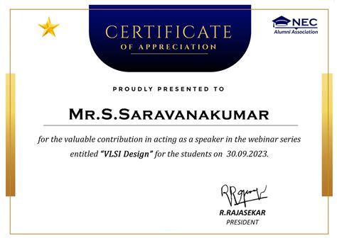 Appreciation Certificate for Mr.S.Saravanakumar - Newsroom - NEC Alumni ...