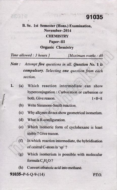 Organic Chemistry - November 2014 Question paper - B.Sc. (Hons ...