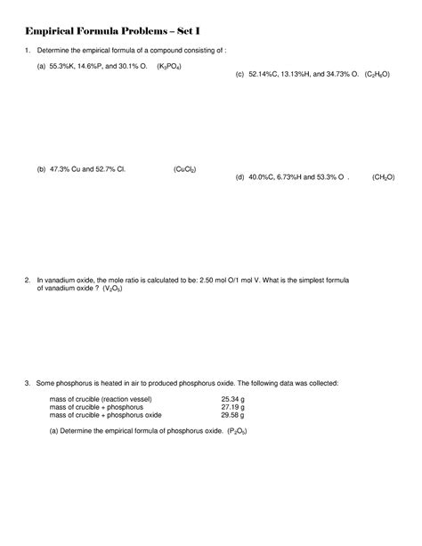 Emp form sets 1 and 2 - Empirical Formula Problems – Set I Determine ...
