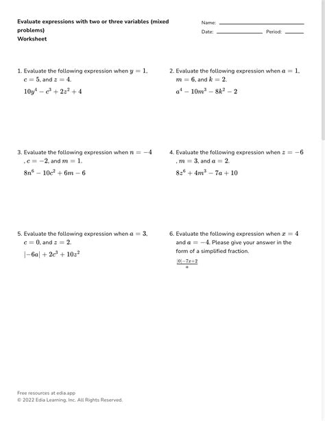 Evaluate Expressions Worksheet