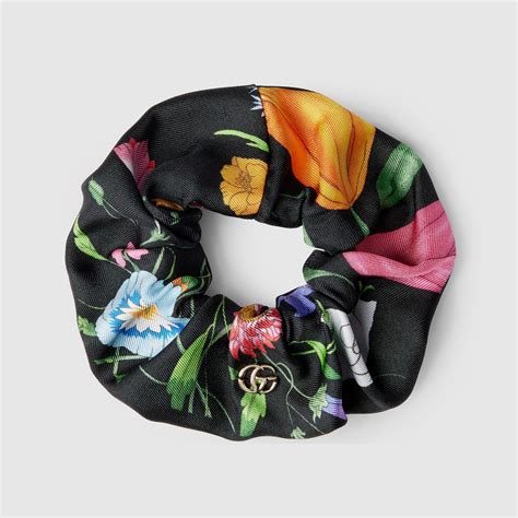 Printed silk twill scrunchie in black and multicolour | GUCCI® US