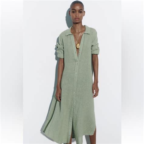 Zara NWT 100% Linen Shirt Dress | Khaki green dress, Linen blend shirt ...