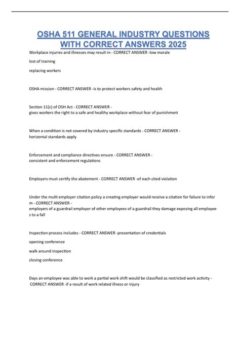 OSHA 511 GENERAL INDUSTRY QUESTIONS WITH CORRECT ANSWERS 2025 - OSHA ...