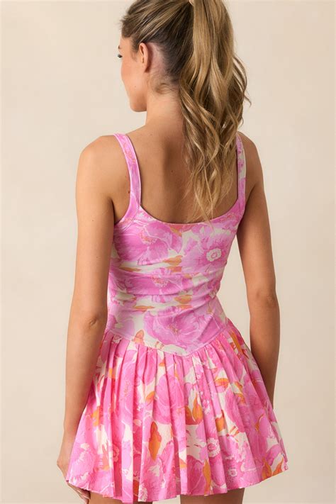 Hot Pink Floral Pleated Tennis Dress - All Dresses | Red Dress