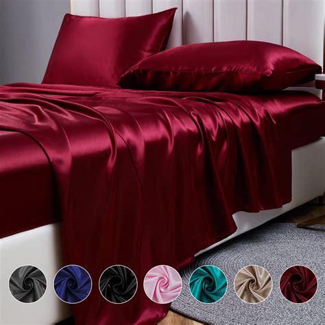 ANMINY Satin Sheets Queen Silk Sheets Red Bed Sheet Set Deep Pocket Bed ...