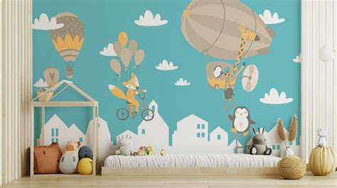 Kids Animated Motifs Wallpaper | Air Balloon Mural for Walls