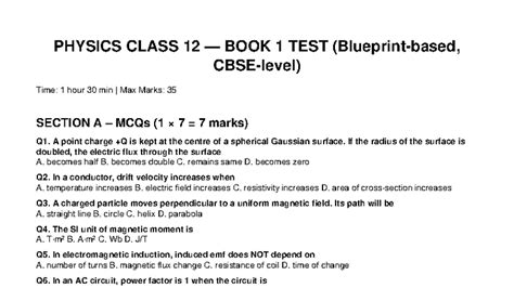 Physics Test Blueprint CBSE - PHYSICS CLASS 12 — BOOK 1 TEST (Blueprint ...