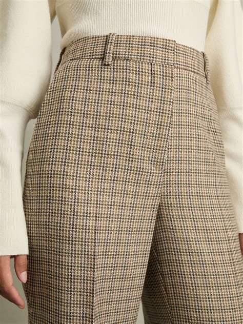 Reiss Petite Wool Wide-Leg Houndstooth-Check Trousers in Brown Check ...