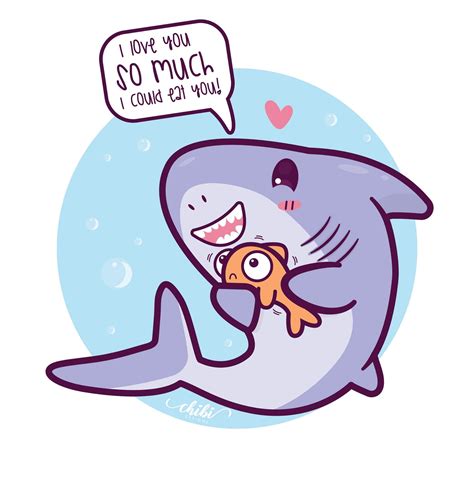 a cartoon shark holding a fish with a speech bubble above it that says ...