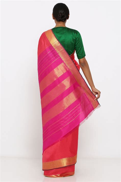 Coral Pink Silk Kanjeevaram Saree – Via East