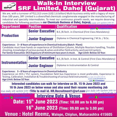 SRF Limited Dahej Walk in interview for Production Maintenance ...