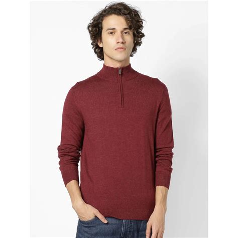 Celio* Solid Regular Fit Cotton-Blend Burgundy Sweater