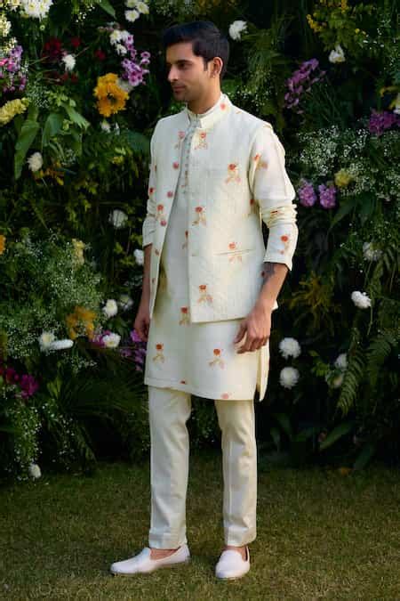 Buy White Chanderi Embroidery Hand Block Pattern Waistcoat Kurta Set ...