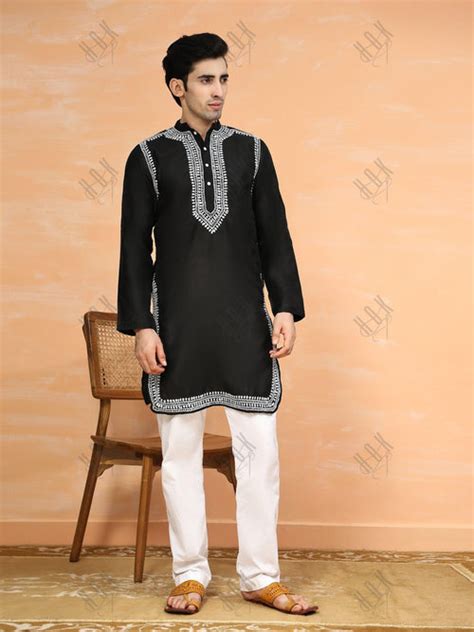 HOK Men's Chikankari Kurta in Chanderi Silk - Black - House Of Kari ...