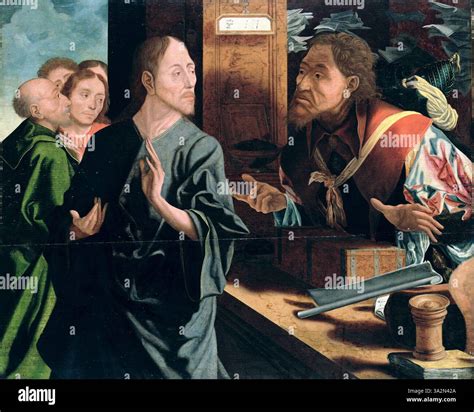 This painting by Marinus van Reymerswaele depicts the Calling of Saint Matthew, showcasing the ...