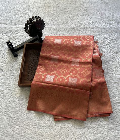Semi Raw Silk Allover Saree Coral Color with Zari Border. – Sampradaya ...